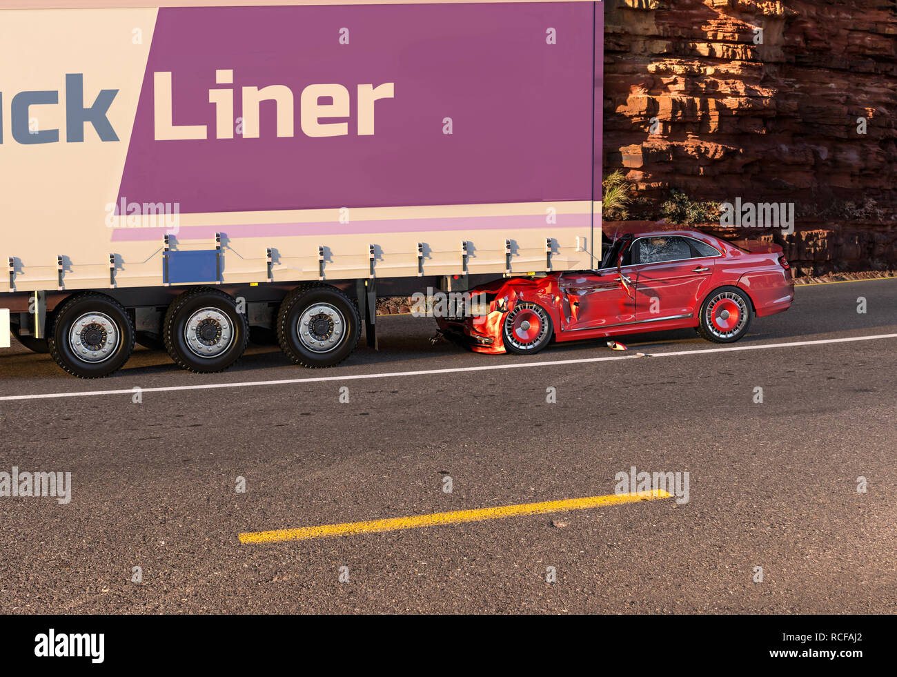 Two cars accident. Crashed cars. A red coupé/sedan against the back of a big truck. Big damage. On the road with environment background. Stock Photo