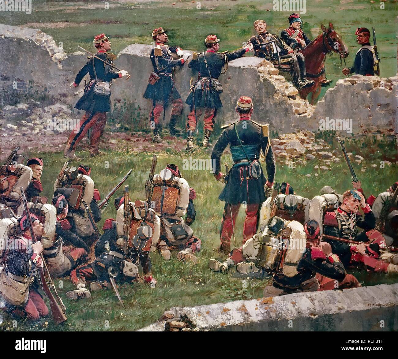 Evening of the battle of Rezonville (Gravelotte). Grenadiers of the Imperial Guard at rest, 16 August 1870. Museum: Musée de l'Histoire de France, Château de Versailles. Author: DETAILLE, EDOUARD. Stock Photo