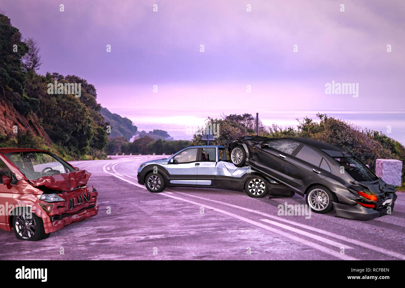 Three cars accident. A van, a pick up and a luxury sedan crashed on the road on location with environment. Stock Photo