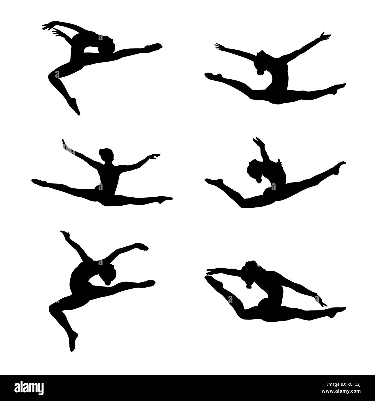 set group artistic gymnastics split leap real gymnast Stock Photo