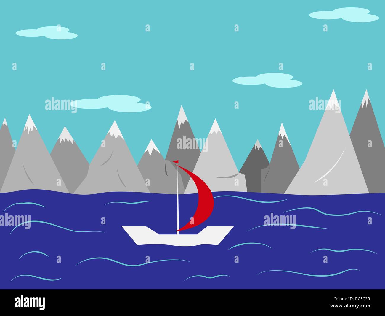 Landscape. Yacht with a red sail in the sea against the mountains with snow-capped peaks Stock Vector