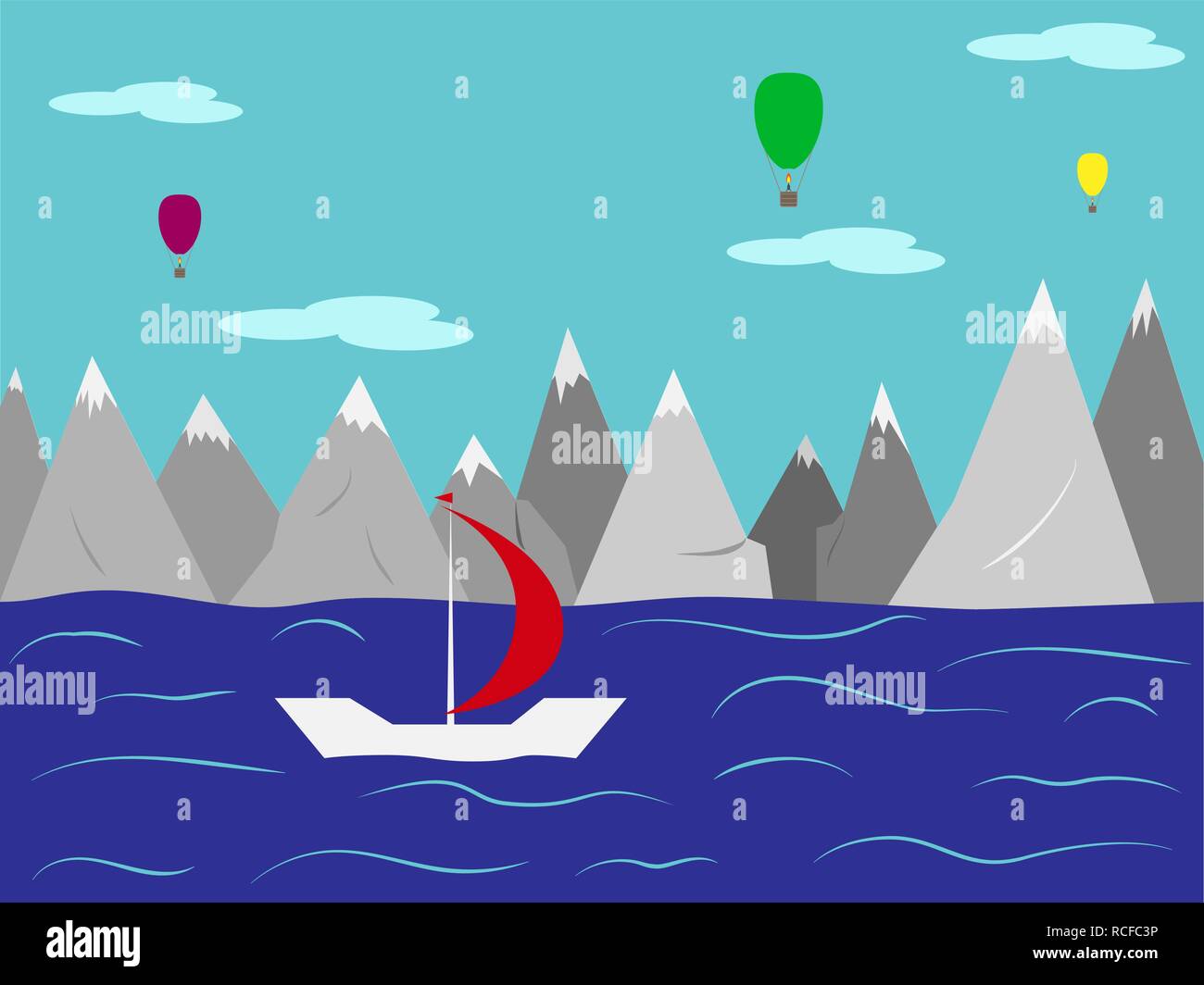 Landscape. Yacht with a red sail in the sea against the mountains with snow-capped peaks and balloons in the sky Stock Vector