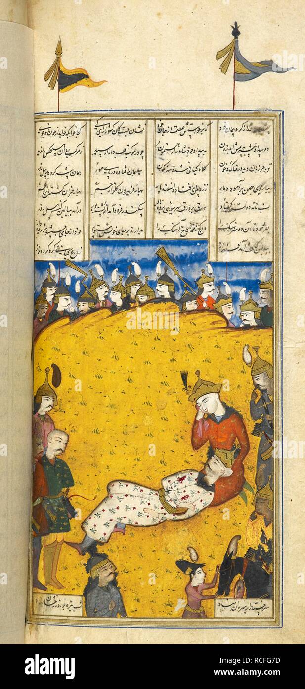 Iskandar comforting the dying Dara. Nizami's Khamsa ('Five Poems'). Isfahan, Iran, 1665-1667. Source: Add. 6613, f.219v. Language: Persian. Author: NIZAMI. Talib Lala. Stock Photo