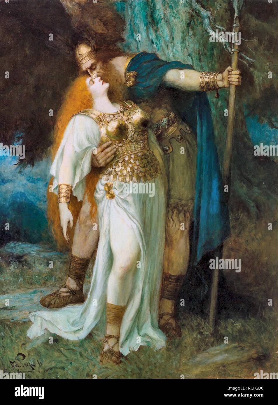 Wotan's farewell to Brunhilde. (Leb wohl, Du kühnes, herrliches Kind!). Museum: PRIVATE COLLECTION. Author: LEEKE, FERDINAND. Stock Photo