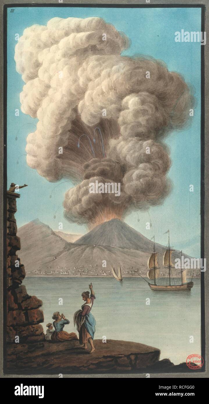 Mt. Vesuvius' morning eruption. Campi PhlegrÃ¦i. Observations on the Volcanos of th. Naples, 1776. View of Mt. Vesuvius as it erupts on a Monday morning - the 9th August 1779. Taken from an original drawing by Mr Fabris.  Image taken from Campi PhlegrÃ¦i. Observations on the Volcanos of the Two Sicilies to which a map is annexed, with 54 plates illuminated, from drawings taken and colour'd after Nature, under the inspection of the Author, by the Editor P. Fabris, etc. .  Originally published/produced in Naples, 1776 . Source: Tab.435.a.15.(1), plate III. Author: FABRIS, PETER. Hamilton, Right  Stock Photo