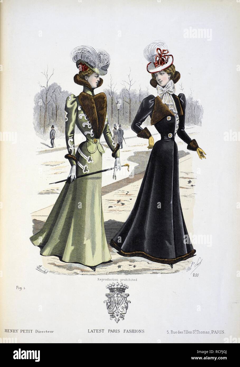 Winter clothing. Outfits with fur trims. . The latest Paris fashions : a  monthly journal for English and American ladies. Paris, France : 1898.  Source: The latest Paris fashions. December 1898 Fig.5 Stock Photo