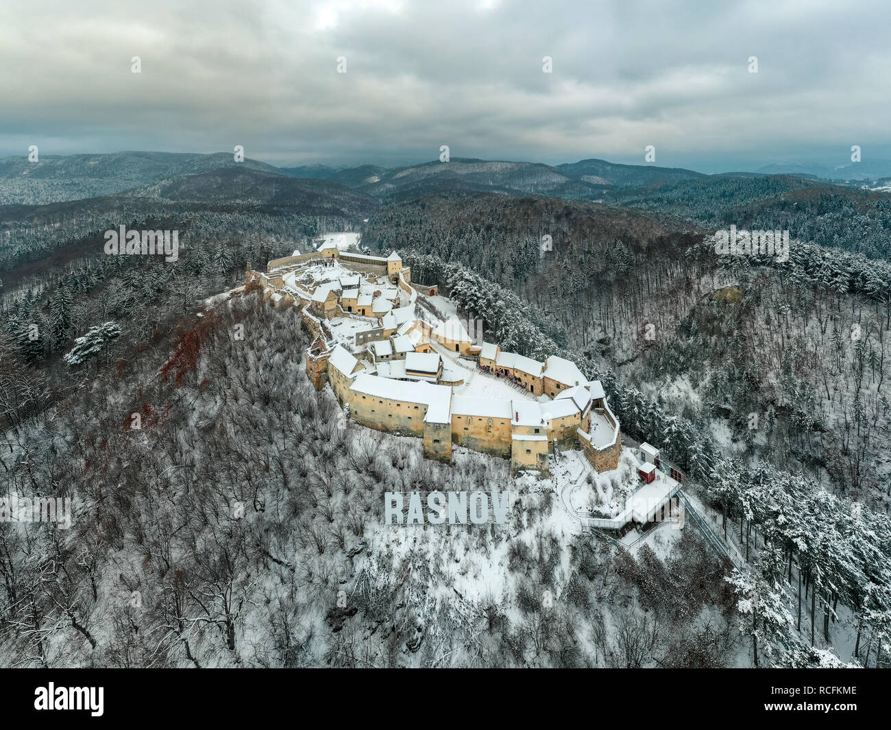 Snow at Rasnov Fortress, Transylvania, Romania Stock Photo