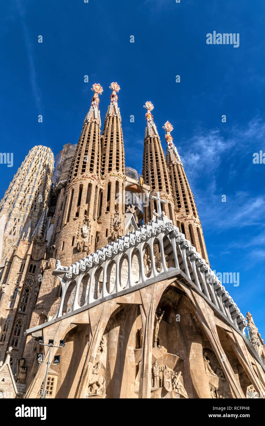 The Passion Facade of Sagrada Familia basilica church, Barcelona, Catalonia, Spain Stock Photo