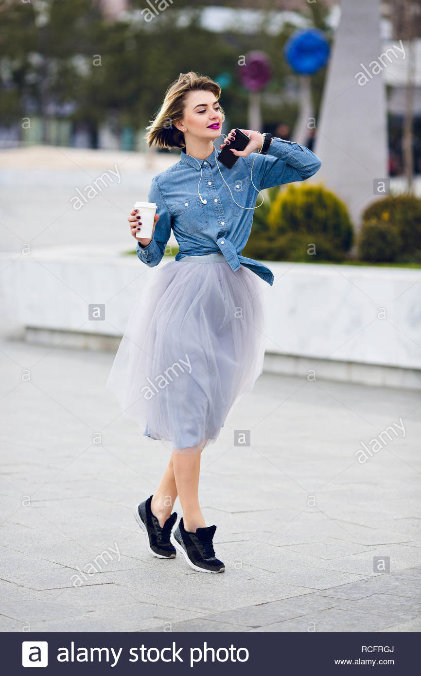 blue jean shirt and tulle skirt