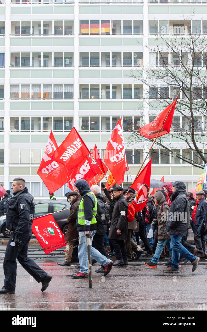 Berlin, Germany. 13th January 2019.  Thousands march in Berlin to commemorate the 100th anniversary of the murders of Rosa Luxemburg & Karl Liebknecht Stock Photo