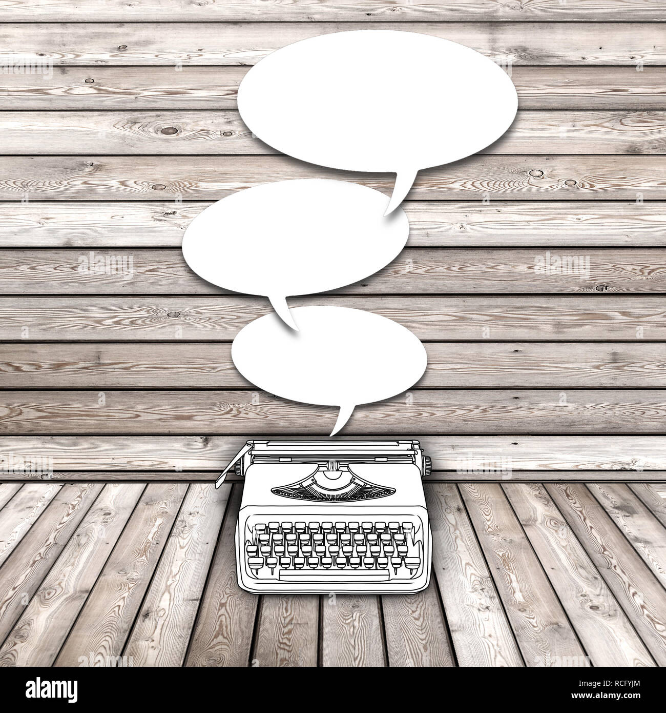 Illustration sketch drawing of typewriter with blank balloons frames on wooden boards background Stock Photo