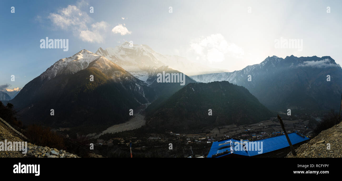 View of Annapurna II at sunset from Upper Pisang, Annapurna Circuit, Nepal Stock Photo