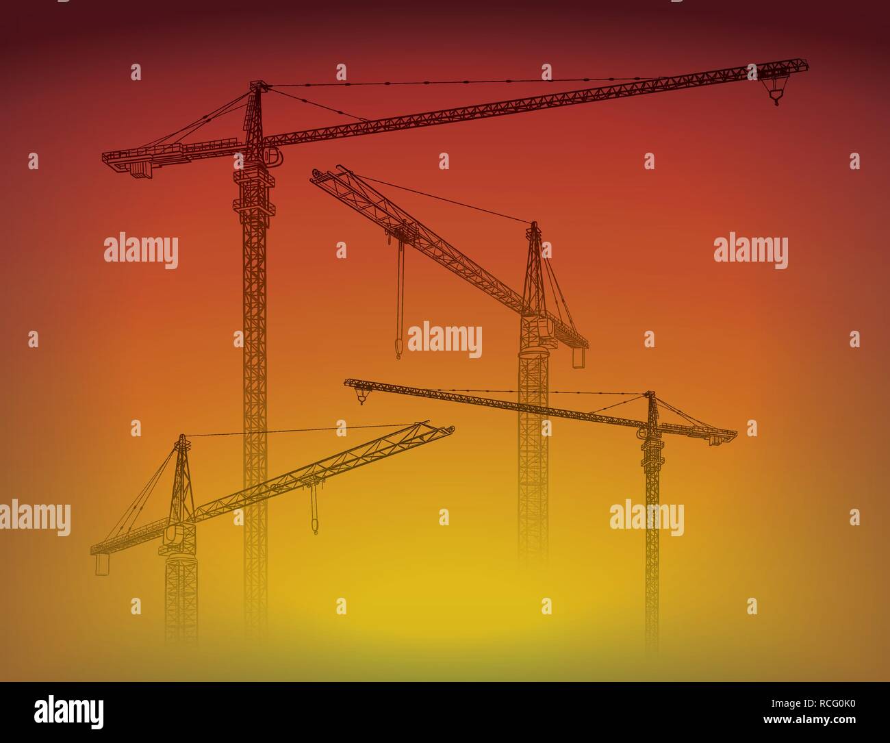 Tower construction crane vector line art on sunset Stock Vector