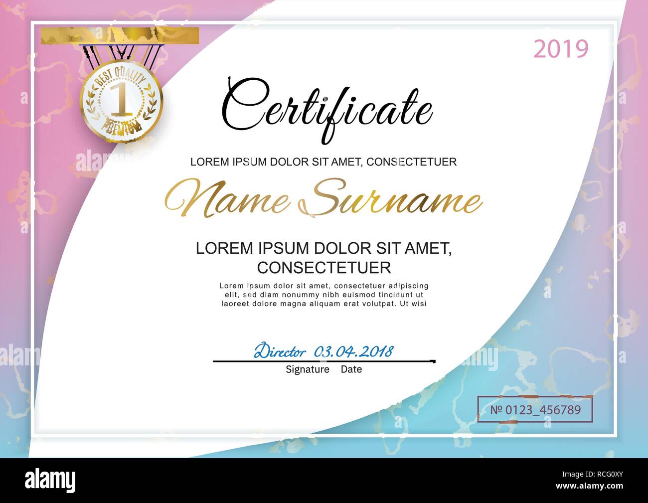 Official certificate. Holographic gradient mesh background with marble stains. Stock Vector