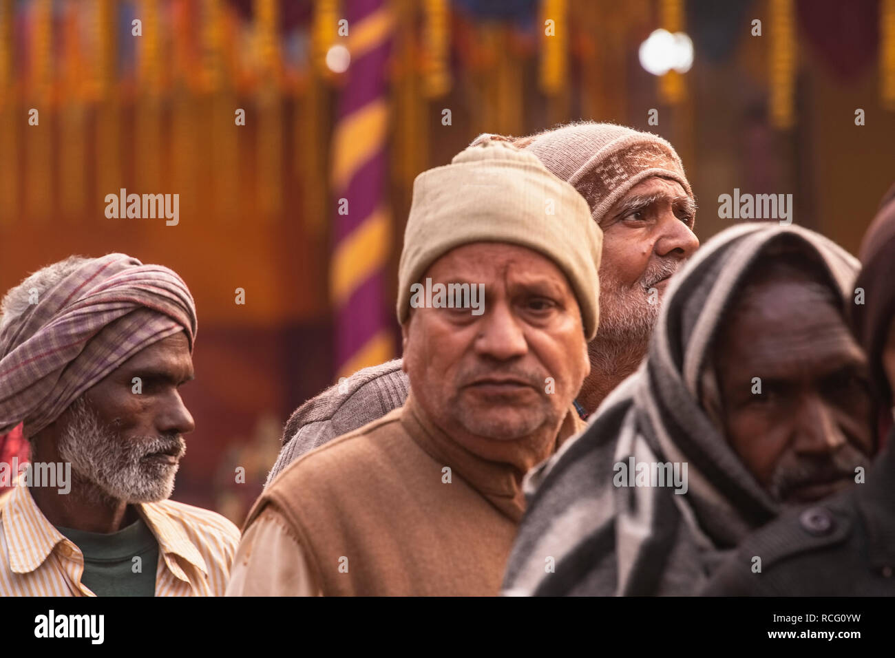 Elderly,male,Indian,pilgrims,assemle,at Gangasagar mela,campus ground,Kolkata, India. Stock Photo