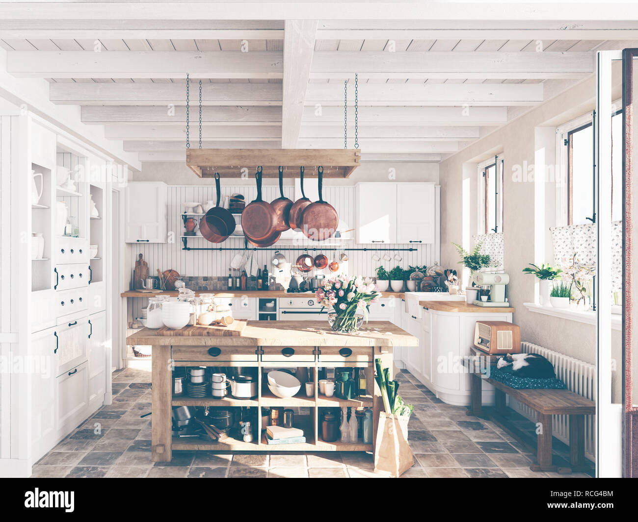 classic kitchen in spring with sleeping cat. 3D RENDERING Stock Photo
