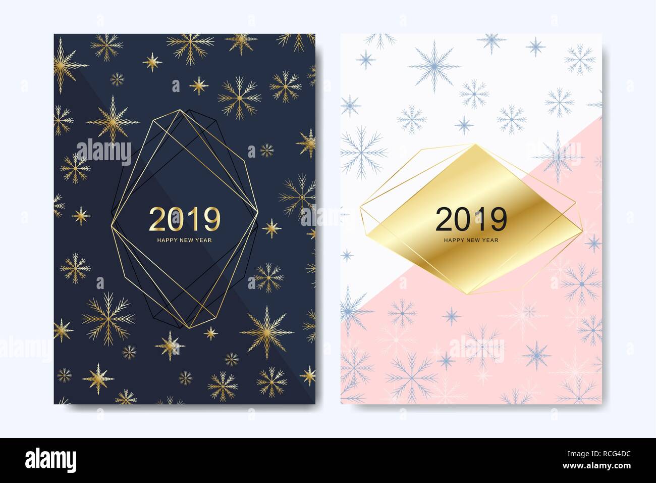 New Year greeting card design with with golden snowflakes. Holiday greeting card template Happy New Year 2019 for posters, placards, banners and flyers. Vector illustration. Stock Vector
