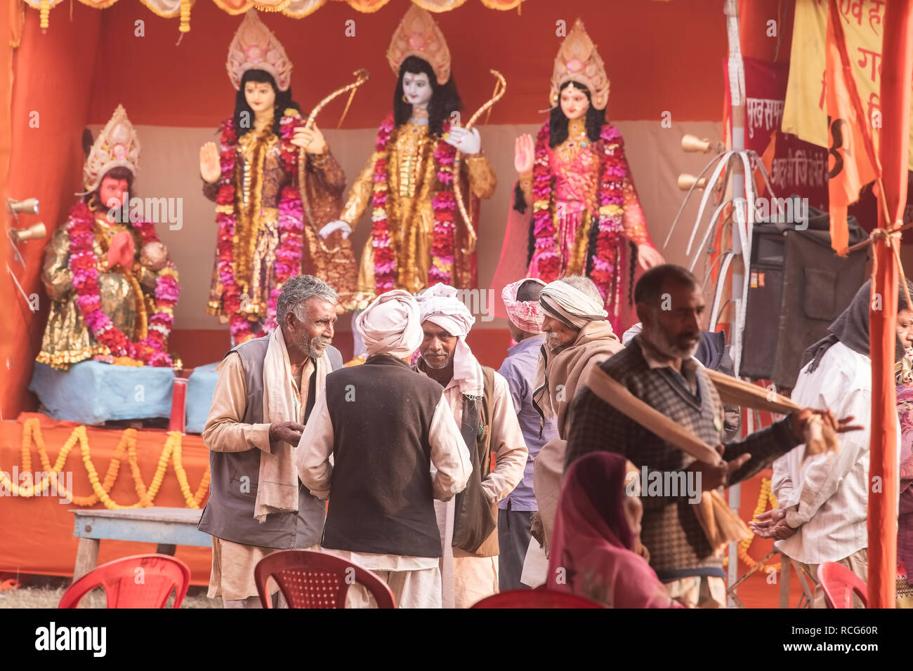 Gangasagar,Transit Camp,Kolkata,God,Lord Rama,Luman,Hanuman,Sita,looking, at visitors,from,Ajoyadha,U.P,who ,merrily,chatting,Kolkata,India. Stock Photo