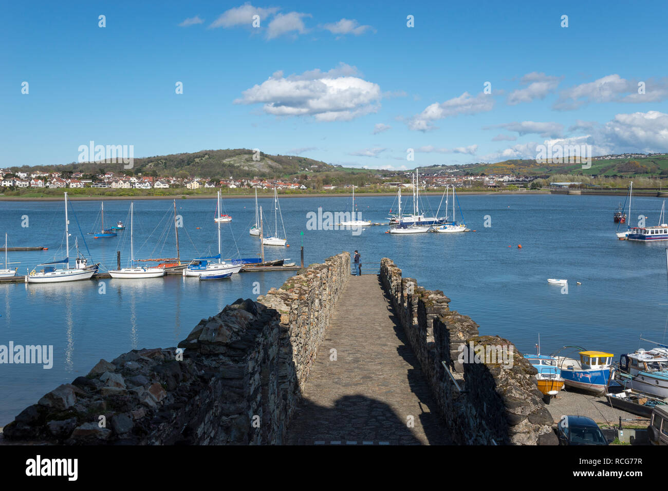 View of the river Conwy from the old town walls in North Wales. Deganwy on the opposite side. Stock Photo