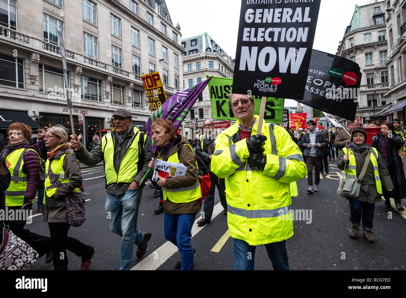Britain is Broken anti-Brexit march organised by Peoples Assembly marched through London demanding a general election. Protesting against UK government and an end to racism and austerity. Jan 12the 2019 Stock Photo