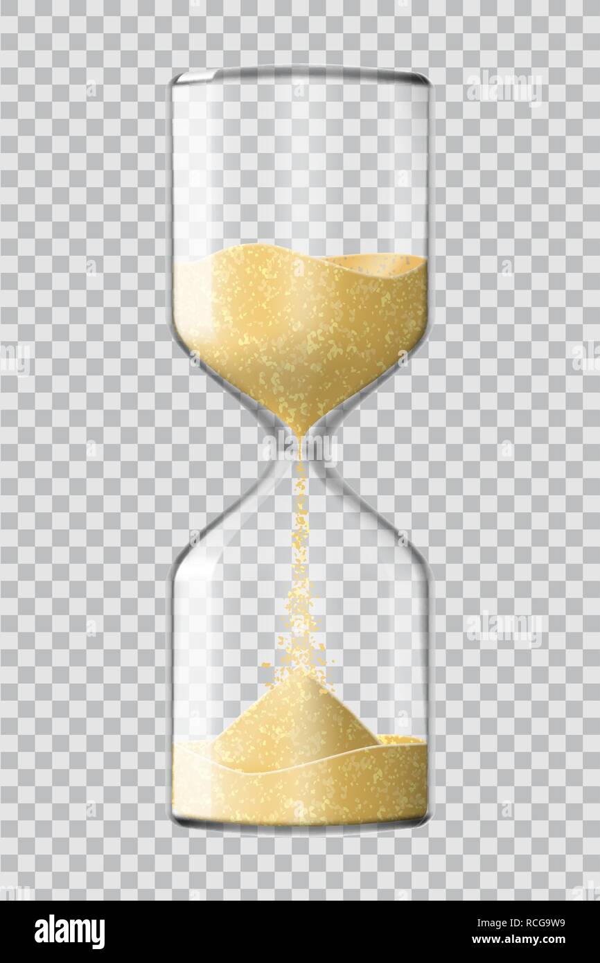 Realistic hourglass clock made of glass with yellow sand running down ...