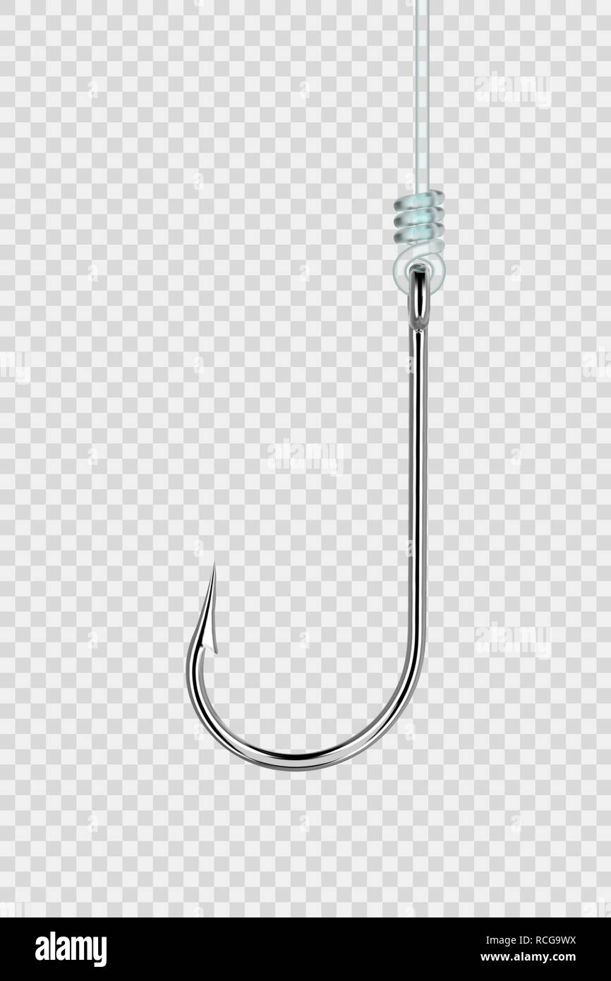 Fishing hook hanging on a line isolated on transparent background, side view with place for text. Vector illustration. Stock Vector