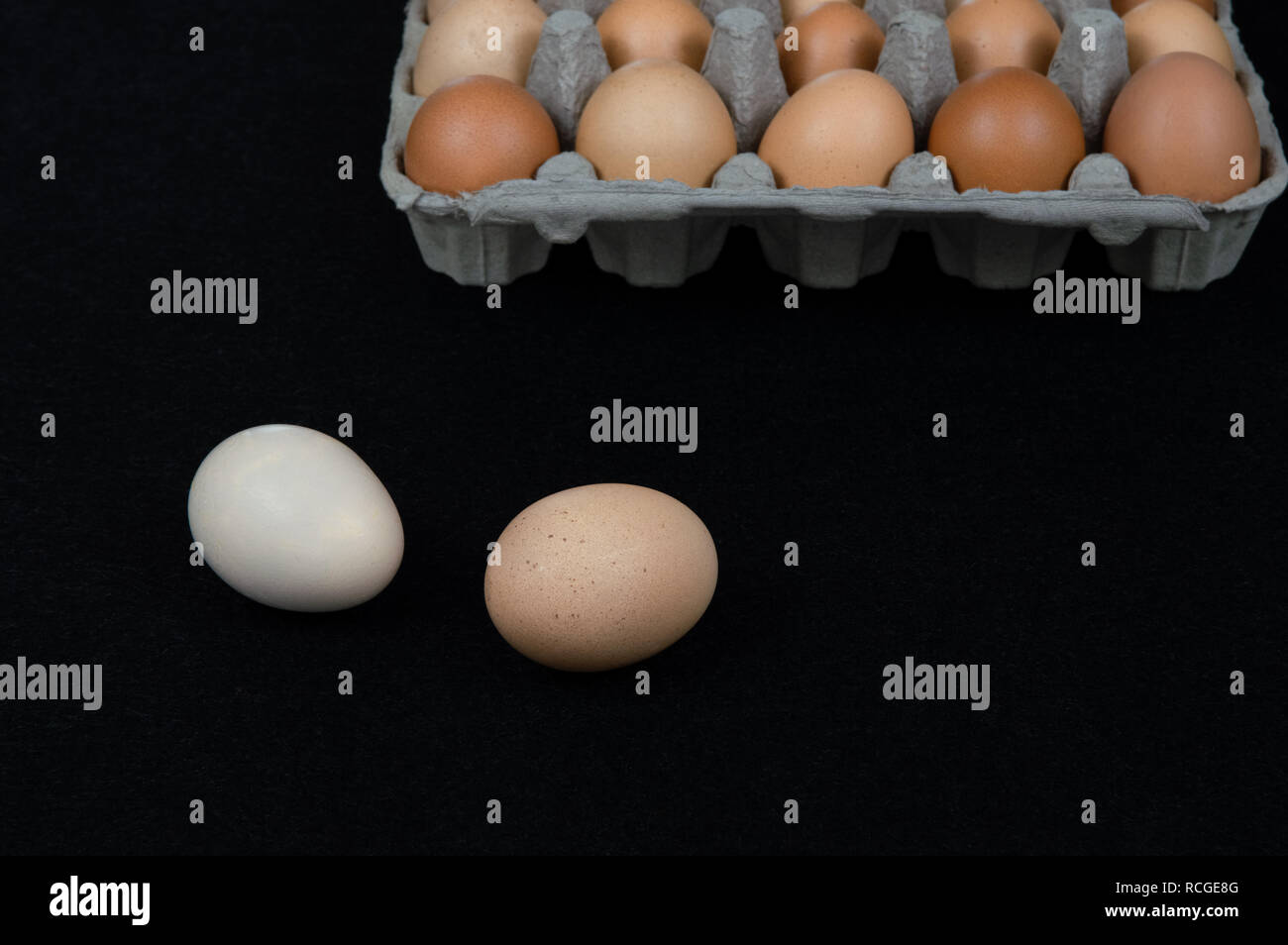 Two chicken eggs on black felt background with a carton box full of eggs Stock Photo