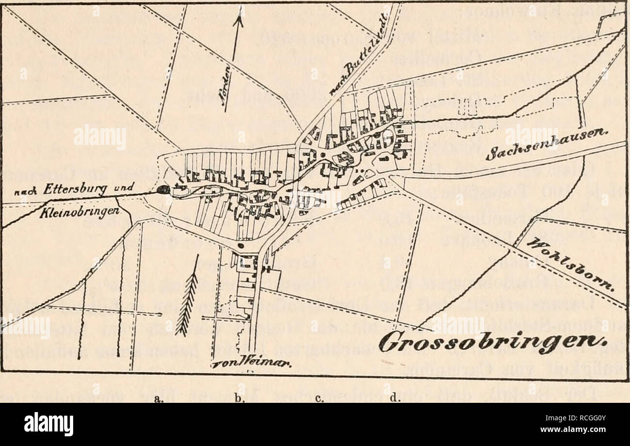 . Die Protozoen als Krankheitserreger : Nachtraege. Protozoa -- pathogenicity; Parasitic Diseases. Zur Aetiologie des Carcinoms und das Vorkommen desselben als Endemie. 83 Fig. 41. Plan des Dorfes Großobringen mit der Lage der 4 Dorfteiche a, b, c, d und dem Bachlauf, aus denen das in den Nachträgen I und II beschriebene Material von Sporozoeninfektionen bei niederen Wasserthieren entnommen ist. schöpten. Der das Dorf durchfließende Bach ist mehrfach gestaut, und wird aus ihm das Wirthschaftswasser zum Scheuern, Viehtränken entnommen. Von den 4 Dorfteichen ist der nach Westen zu gelegene (a im Stock Photo