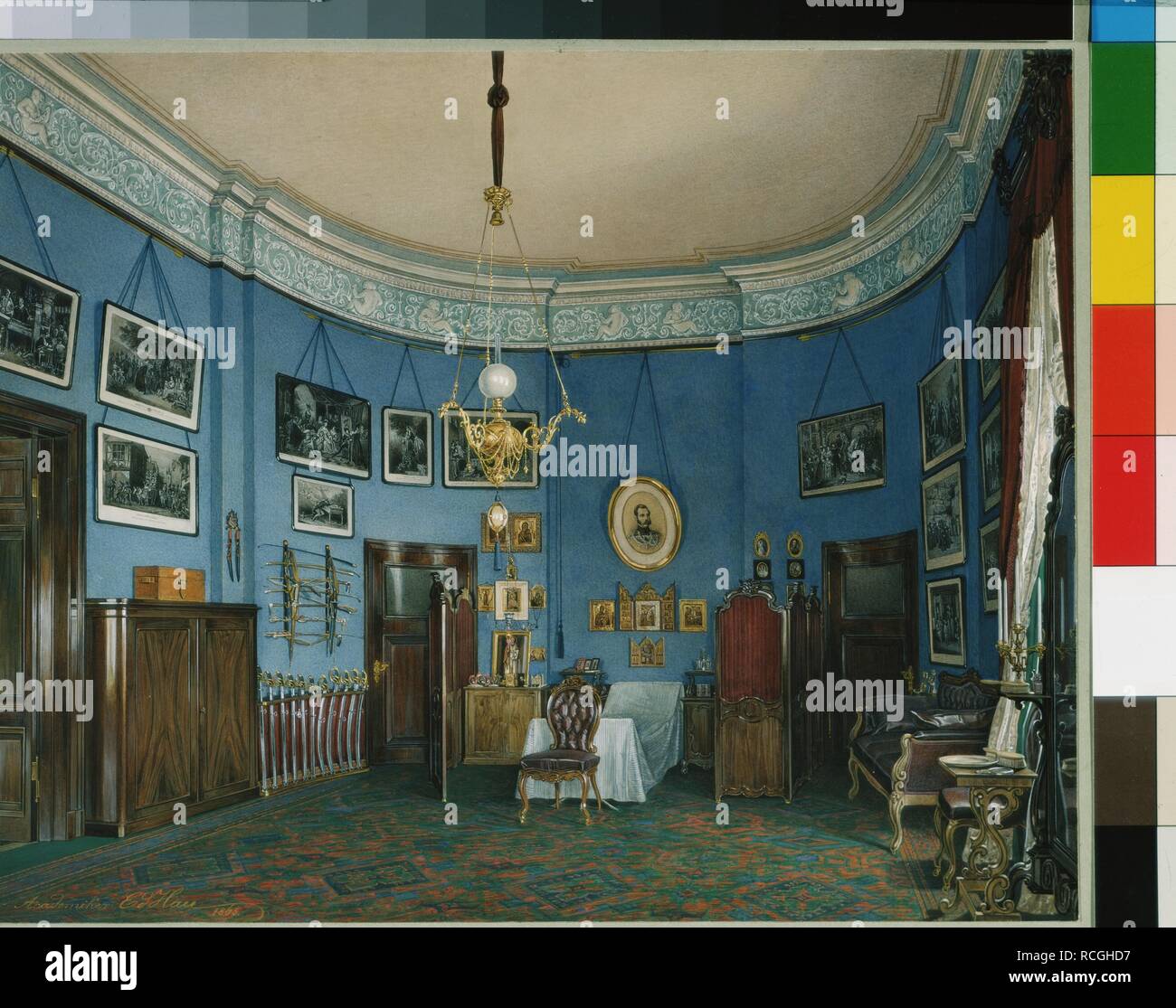 Interiors of the Winter Palace. The Bedroom of Crown Prince Nikolay Aleksandrovich. Museum: State Hermitage, St. Petersburg. Author: HAU, EDUARD. Stock Photo