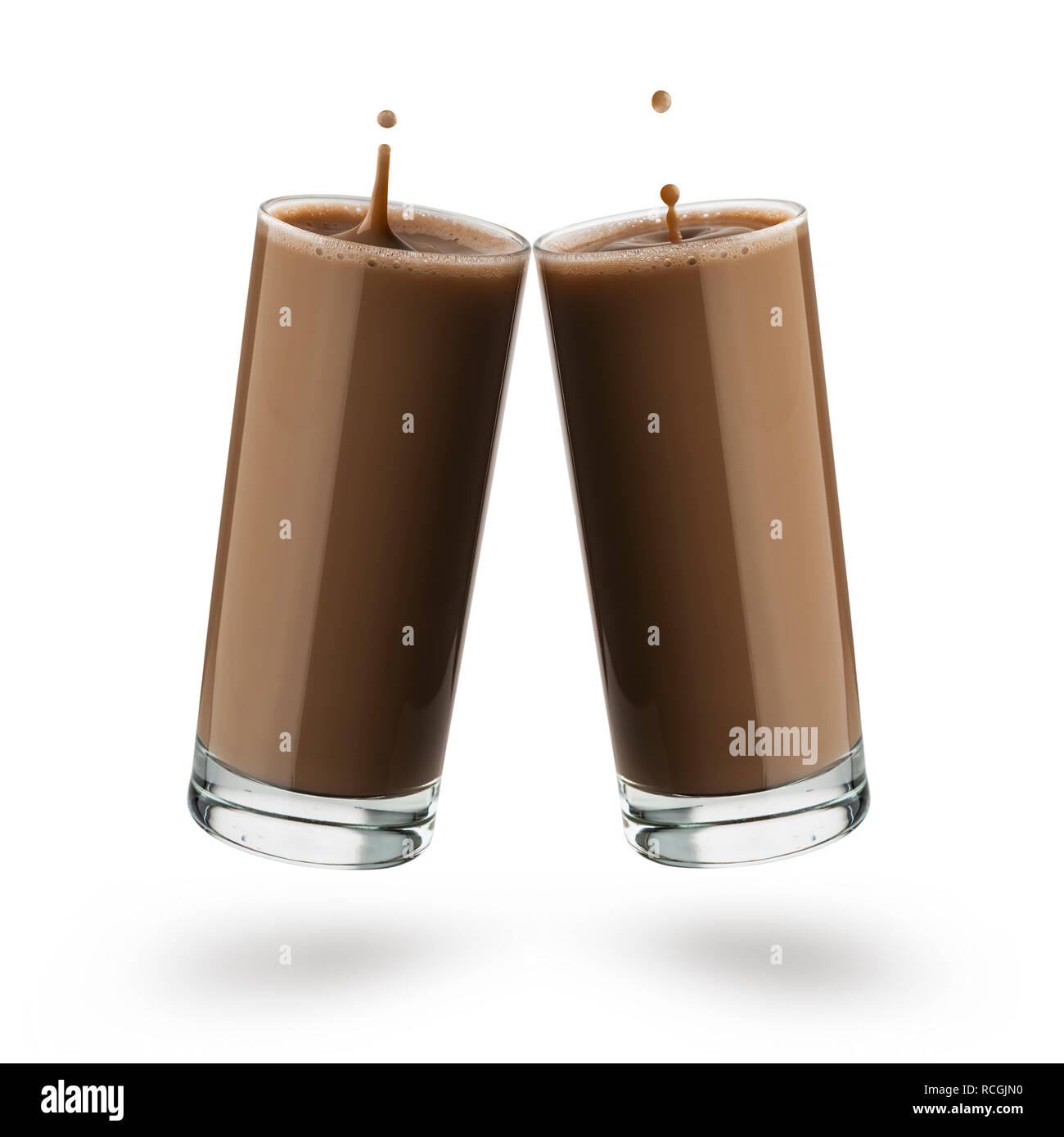 two glasses with chocolate milk with dripping spash on white background Stock Photo