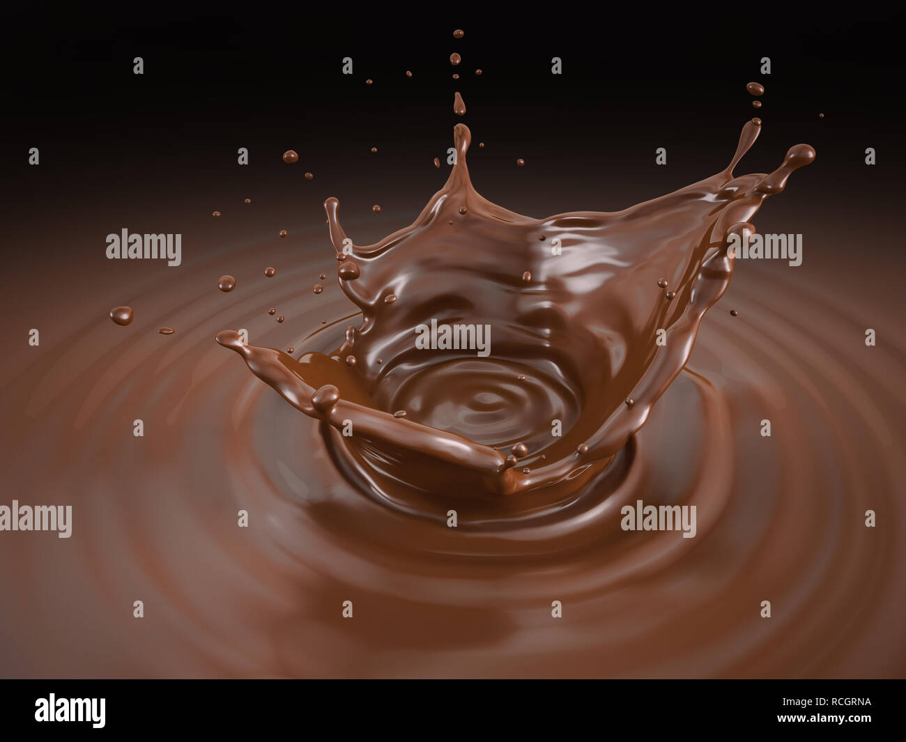Liquid chocolate crown splash with ripples. Bird eye view. On black background. Clipping path included. Stock Photo