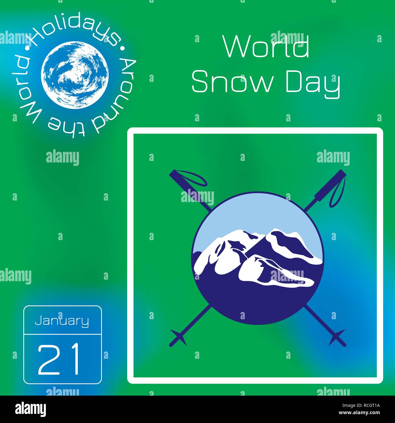 World Snow Day. Day of winter sports. Round logo mountains, crossed