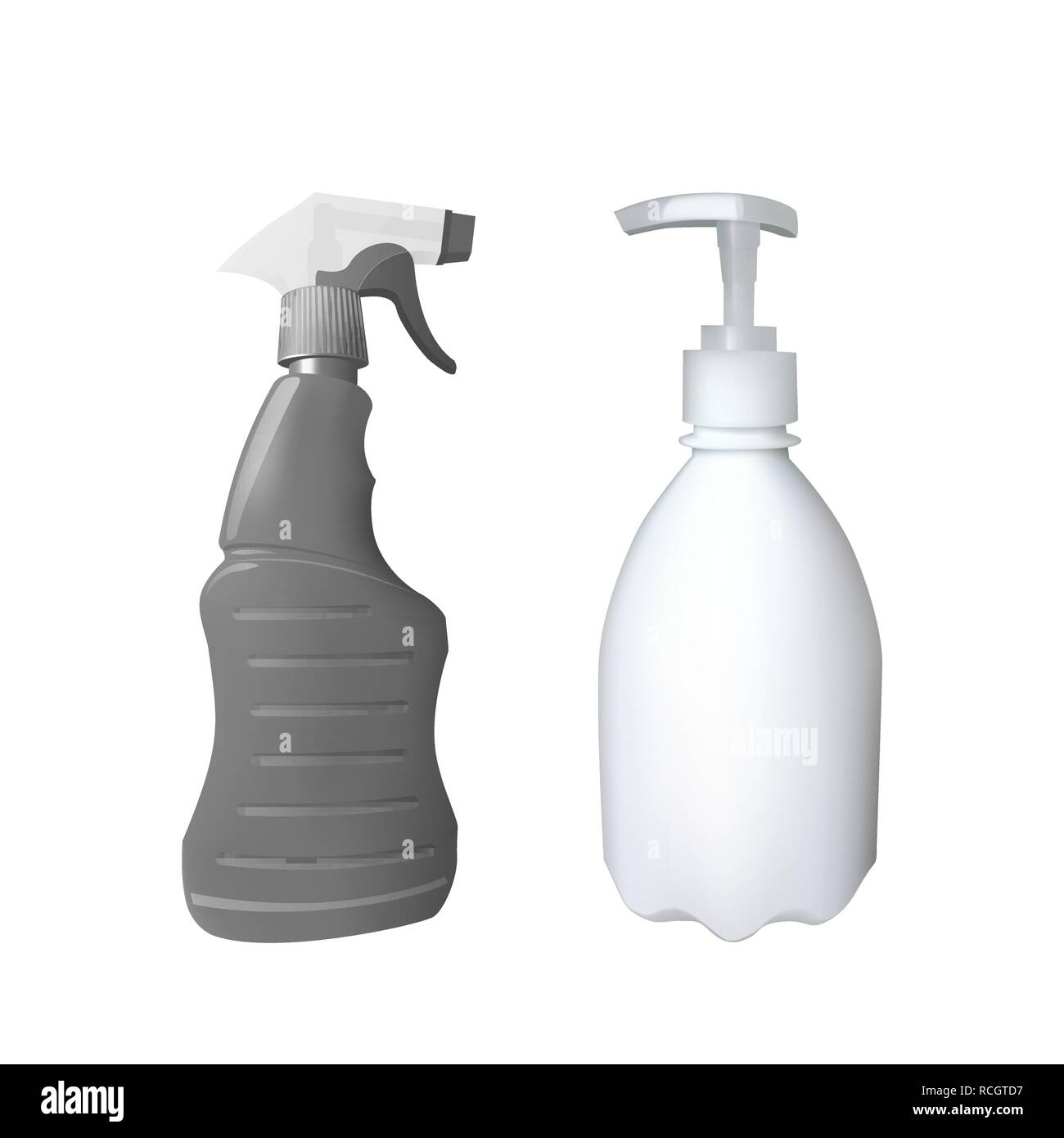 Plastic bottle with dispenser and spray. Vector illustration. Container for soap and cleaning products Stock Vector