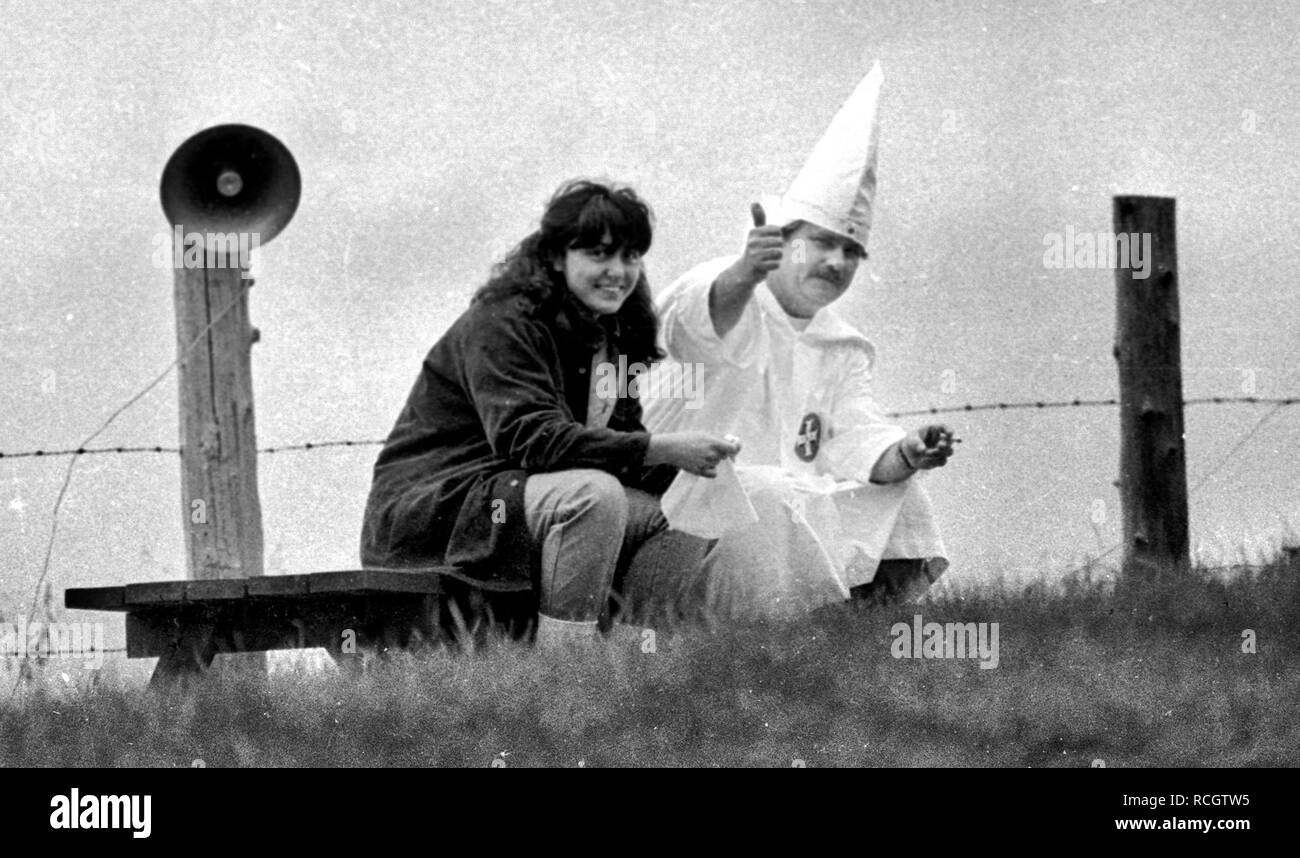 Members of the KKK look down at the press from a hill above where a cross lighting  was planned in Rumford Me during rally in the small town Maine town. The Klan had been active in Maine in the 1920's and 30's , This group of Klansmen openly invited the press to observe ,photograph and report on this event photo by bill belknap Stock Photo