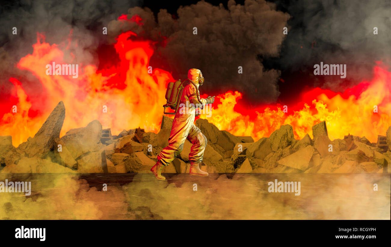 Chemical alarm, man with protective suit runs to the place of the explosion. Nuclear alarm, place of war. Apocalyptic scene. Flames flare Stock Photo