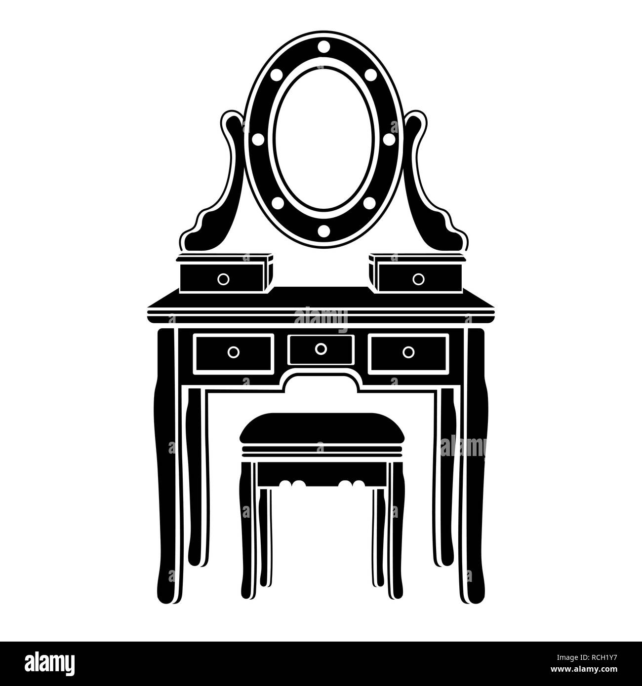 Dressing table with mirror icon, logo, female boudoir for makeup silhouette, black and white drawing, vector illustration. Table with shelves, mirror  Stock Vector