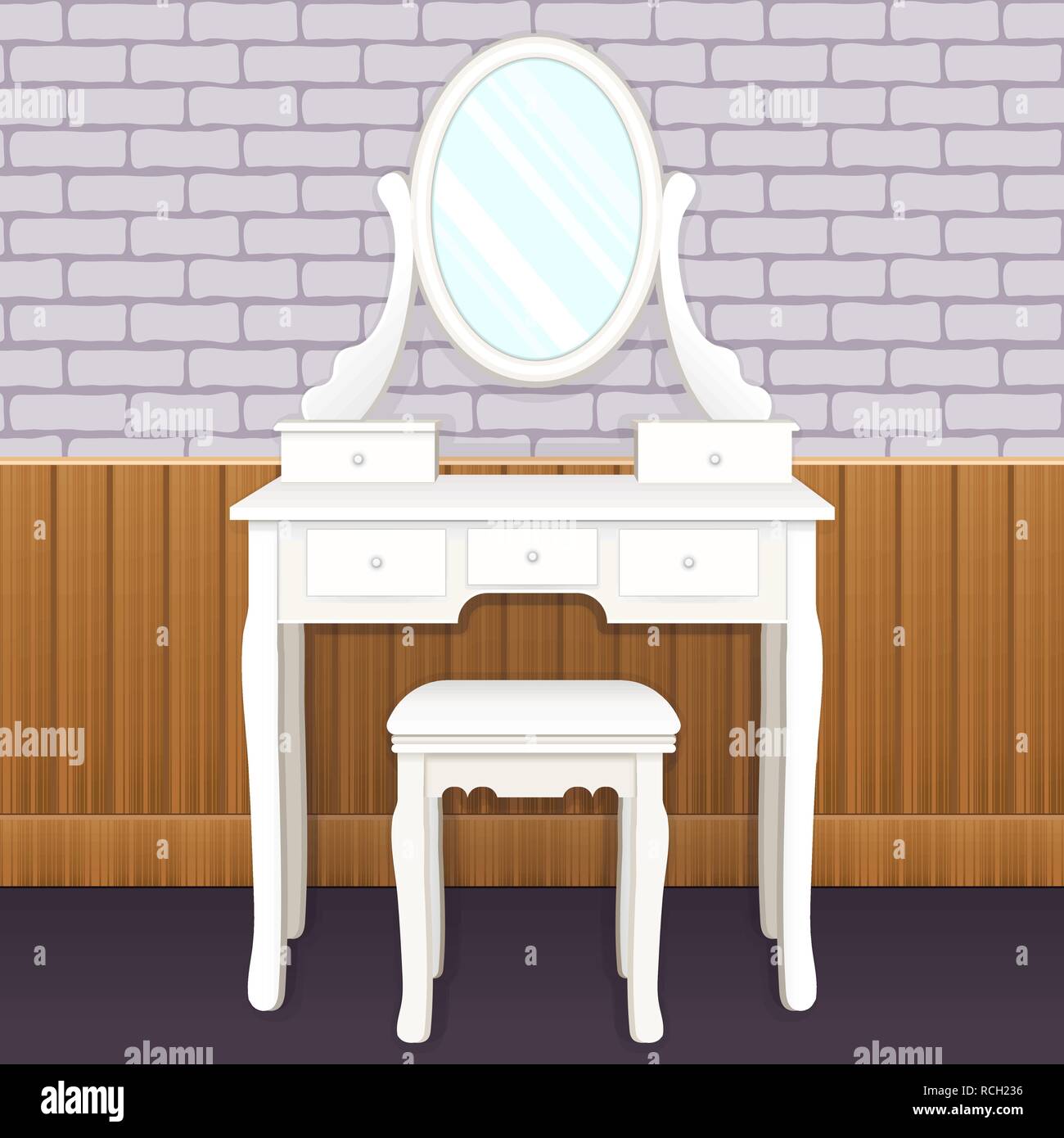 Dressing table with mirror with lights, female boudoir for applying makeup, flat drawing, vector illustration. White elegant table with shelves and an Stock Vector