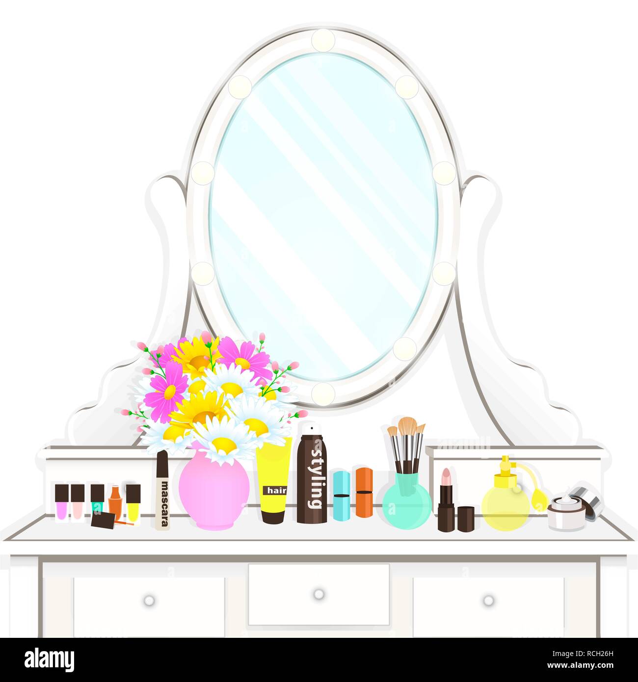 Dressing table with mirror with lights, female boudoir for makeup, flat drawing, vector illustration. White table and mirror with light bulbs and with Stock Vector