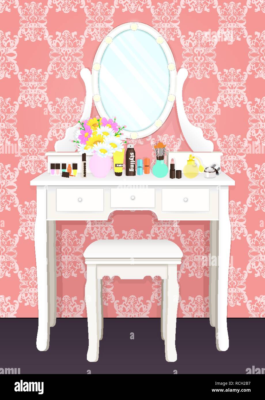 Dressing table with mirror with lights, female boudoir for makeup, flat drawing, vector illustration. White table and mirror with light bulbs and cosm Stock Vector