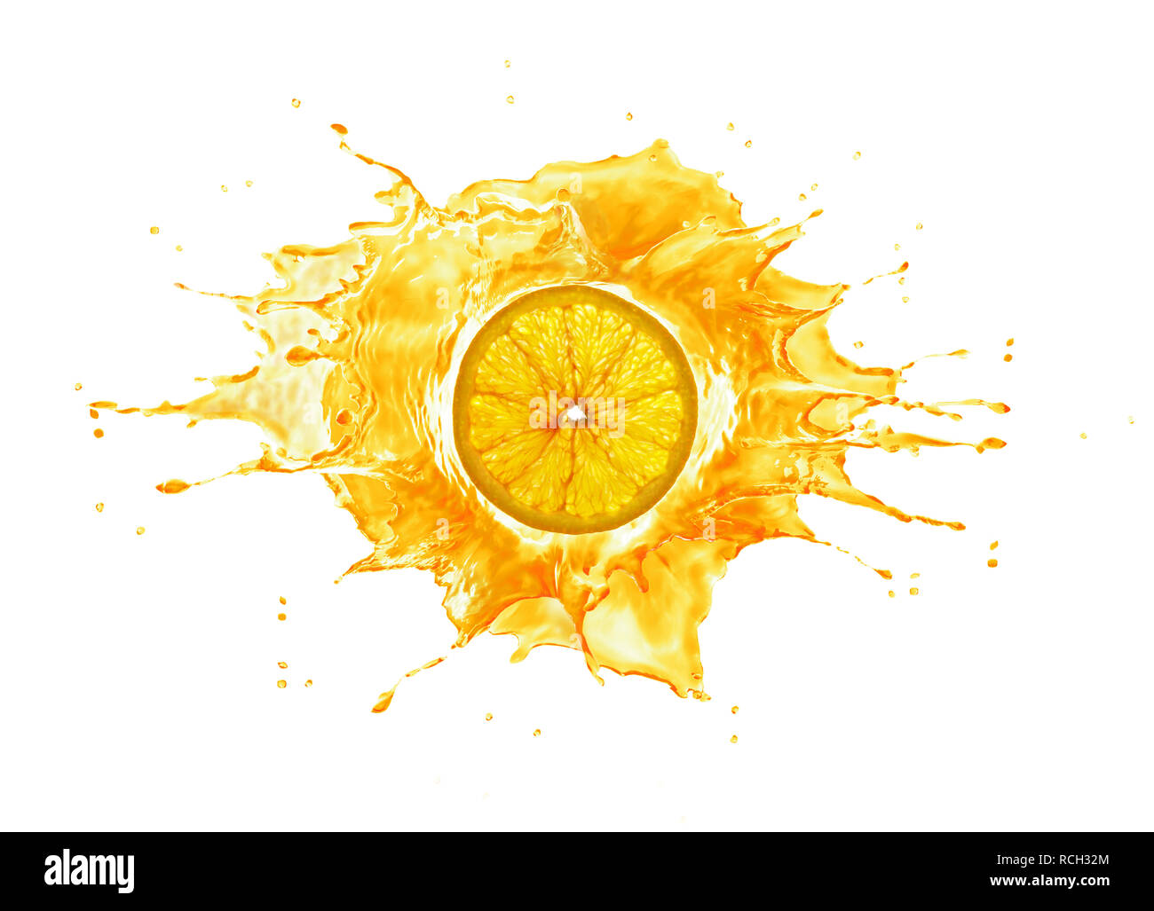 Big splash with orange slice in the middle. Back lit, Isolated on white background. Stock Photo