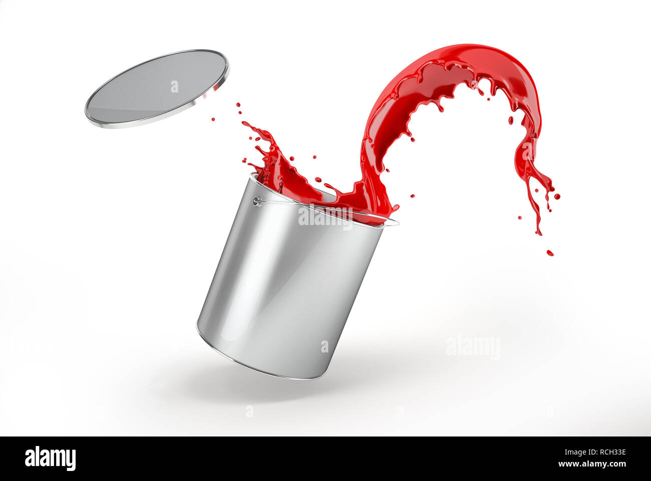 Metallic silver bucket full of vibrant red paint, jumping with vibrant red paint splashing out of it with flying lid. Isolated on white background wit Stock Photo