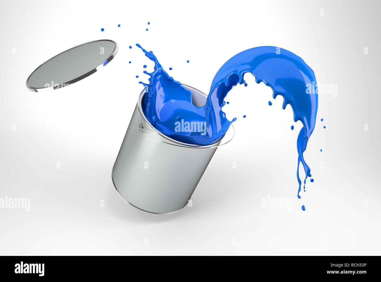 silver bucket full of vibrant blue paint, jumping with paint splashing. Isolated on white background with drop shadow. Stock Photo