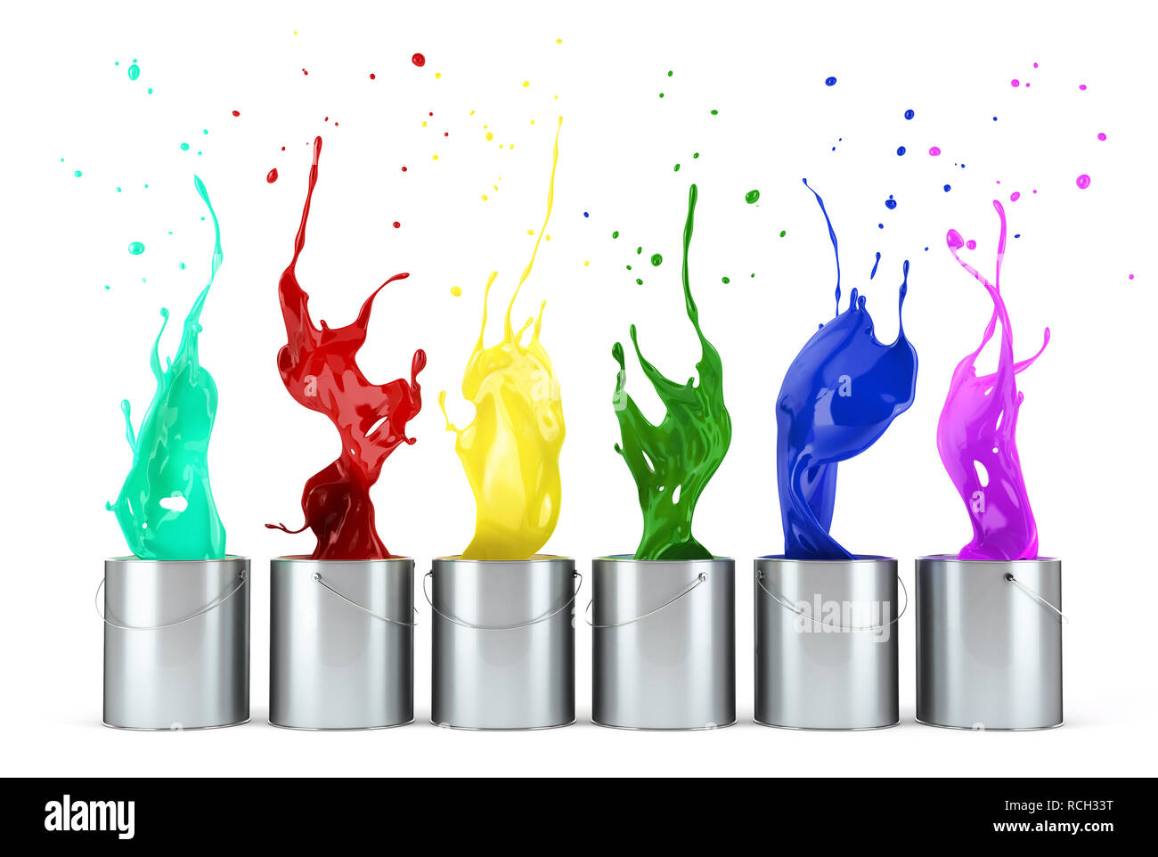 turquoise, red, yellow, green, blue, pink paints splashing out from metallic silver buckets in line. On white background. Stock Photo