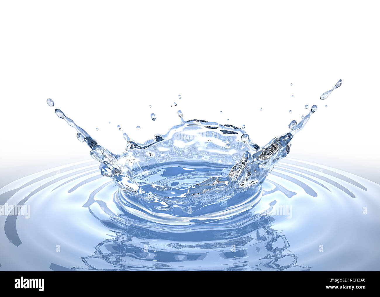 Water crown splash in a water pool, with circular ripples around. Bird eye view Isolated on white background. Clipping path included. Stock Photo