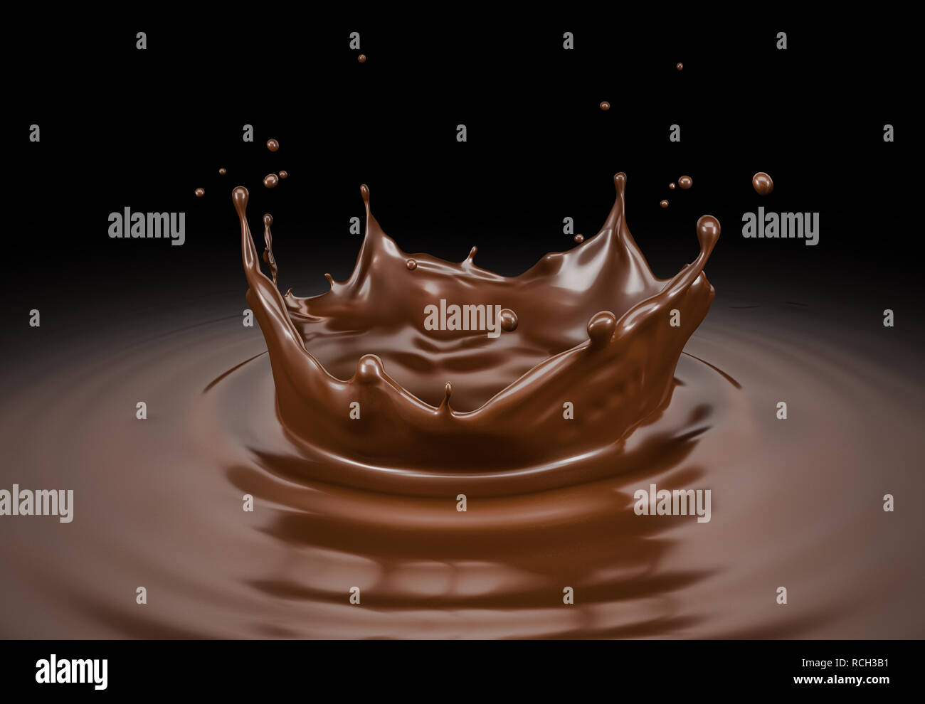 Liquid chocolate crown splash with ripples. Bird eye view. On black background. Stock Photo