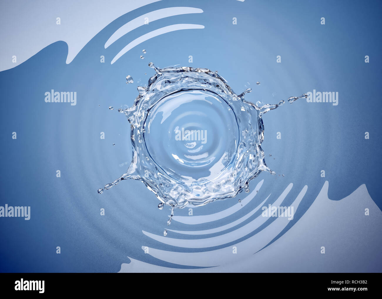 Water crown splash in a water pool, with circular ripples around. Top view. Isolated on white background. Stock Photo