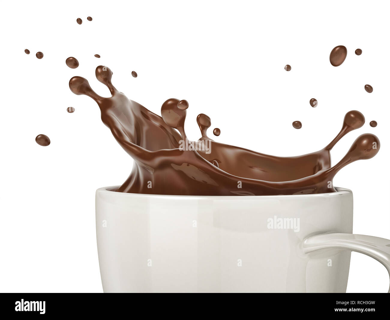 White cup with liquid chocolate splash. Close up view from side, on white background with clipping path included. Stock Photo