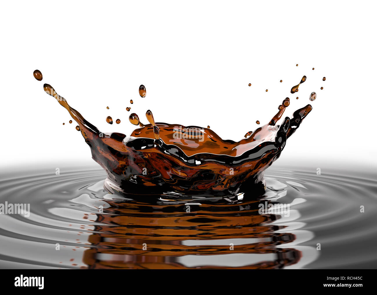 Liquid coffee crown splash in coffee pool with ripples. close up view