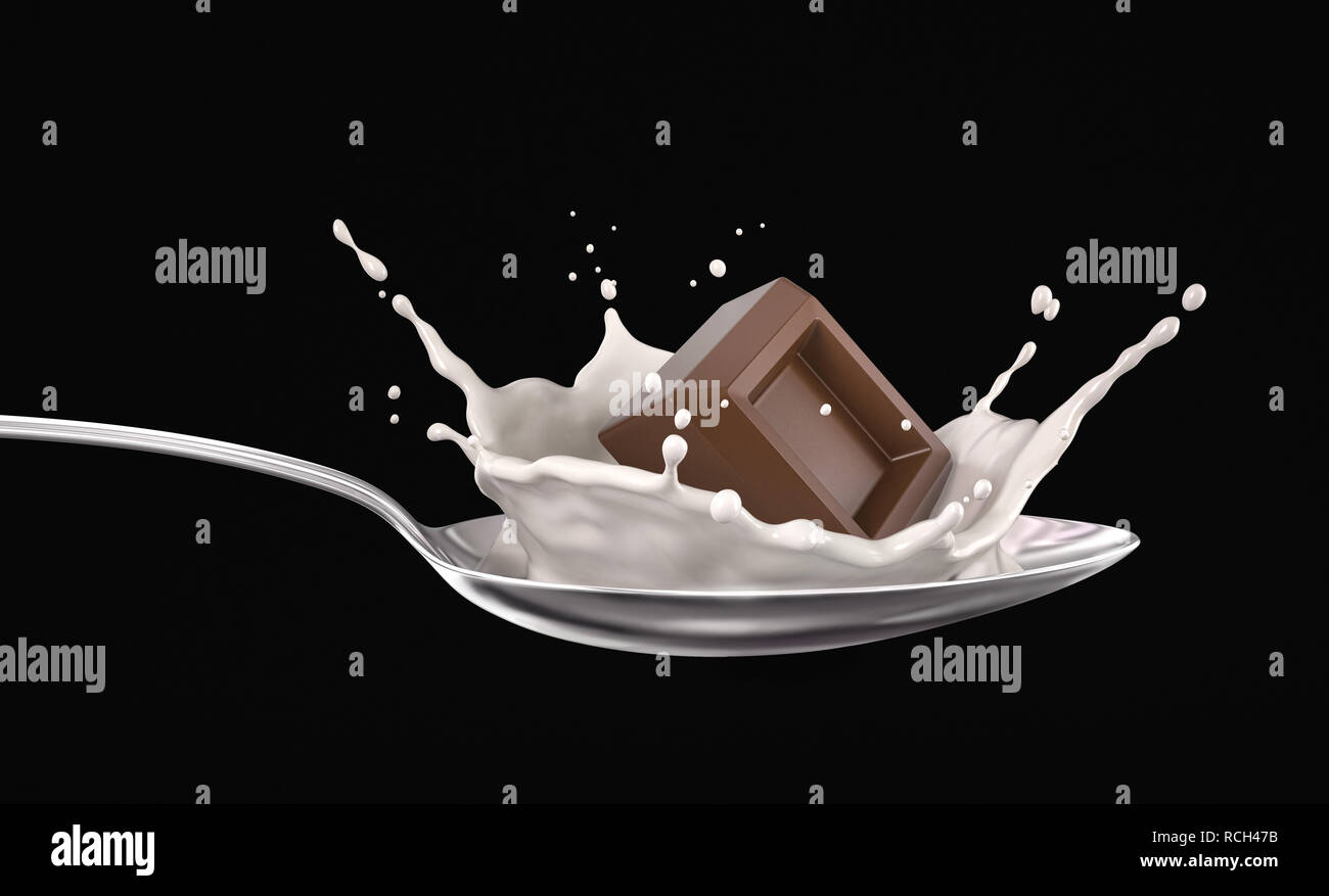 Chocolate cube splash in milk on metallic spoon. Isolated on black background. Close up view. Stock Photo