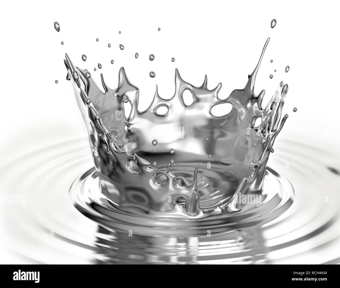 Liquid metal crown splash in liquid metal pool with ripples. Isolated on white background. Stock Photo